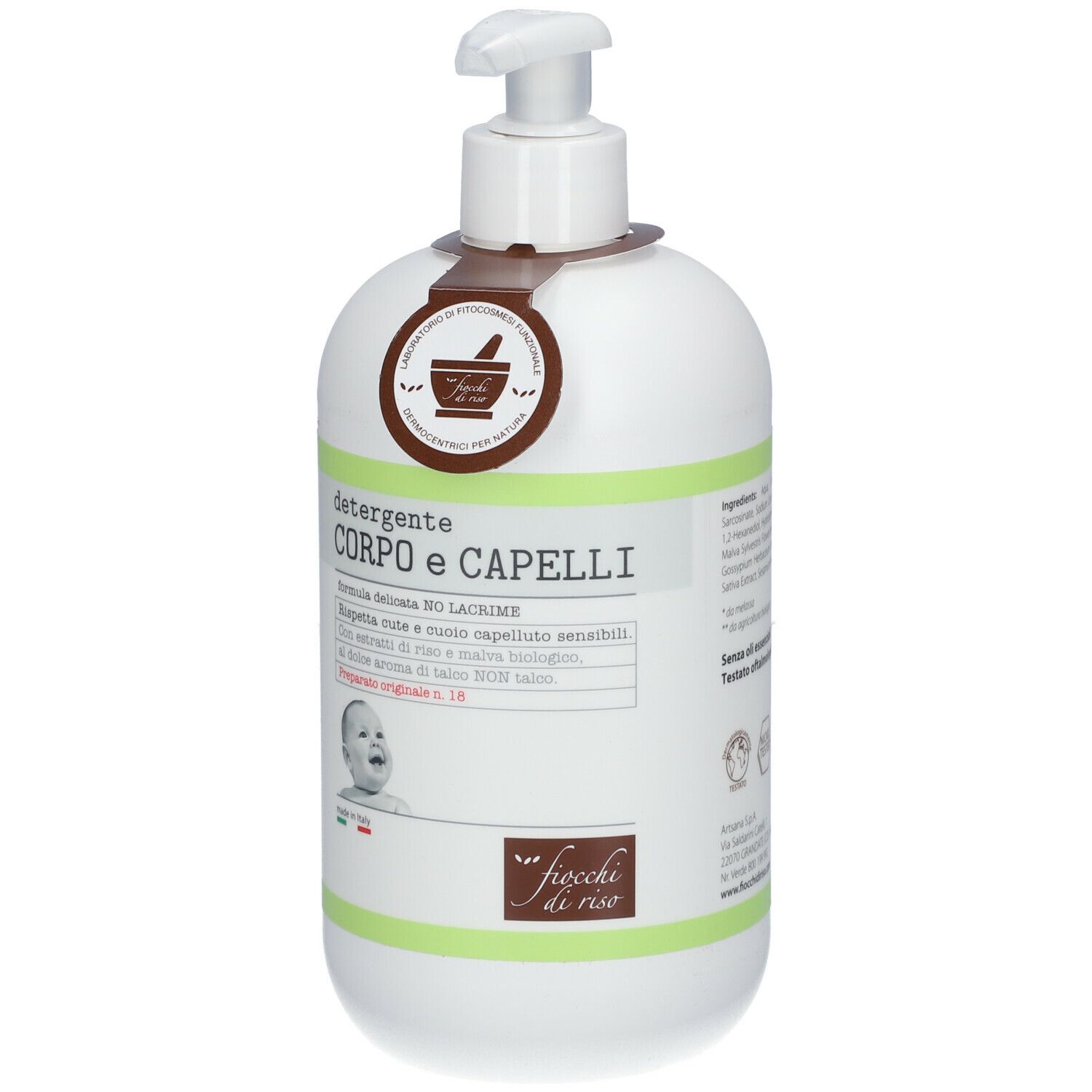 Dispenser bianco con etichetta verde. Scritta: DETERGENTE CORPO E CAPELLI. Logo: Fiocchi di Riso. Con erogatore a pompa.
