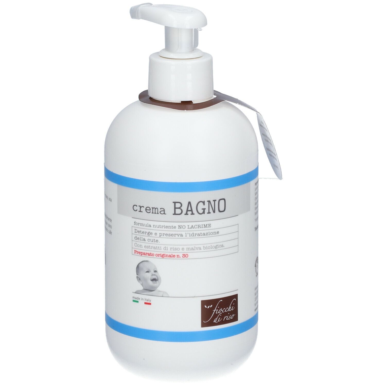 Flacone bianco con dosatore a pompa ed etichetta. Scritta "crema BAGNO". Logo "Fiocchi di Riso".