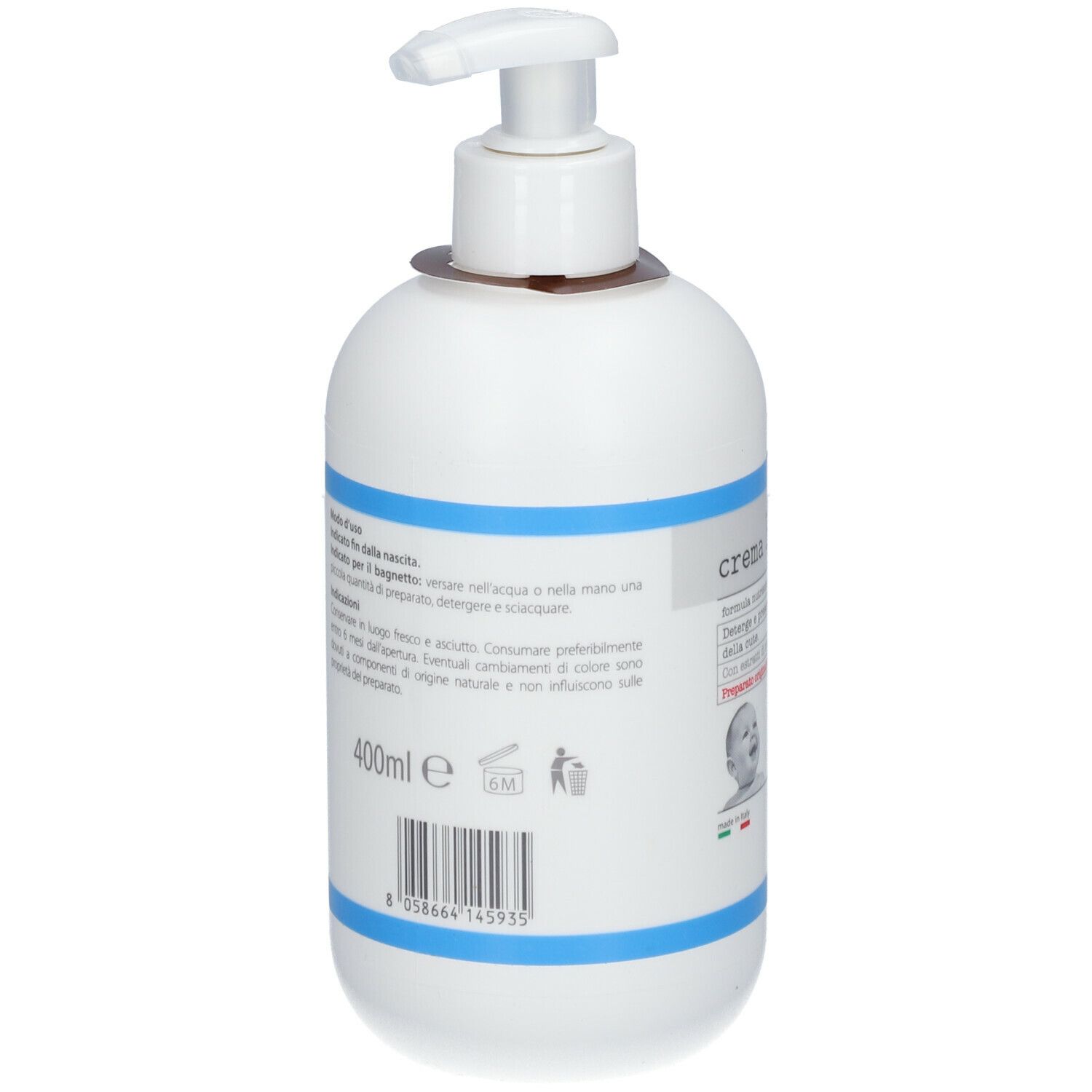 Retro di un flacone bianco con dosatore a pompa. Scritta "crema BAGNO". 400ml.