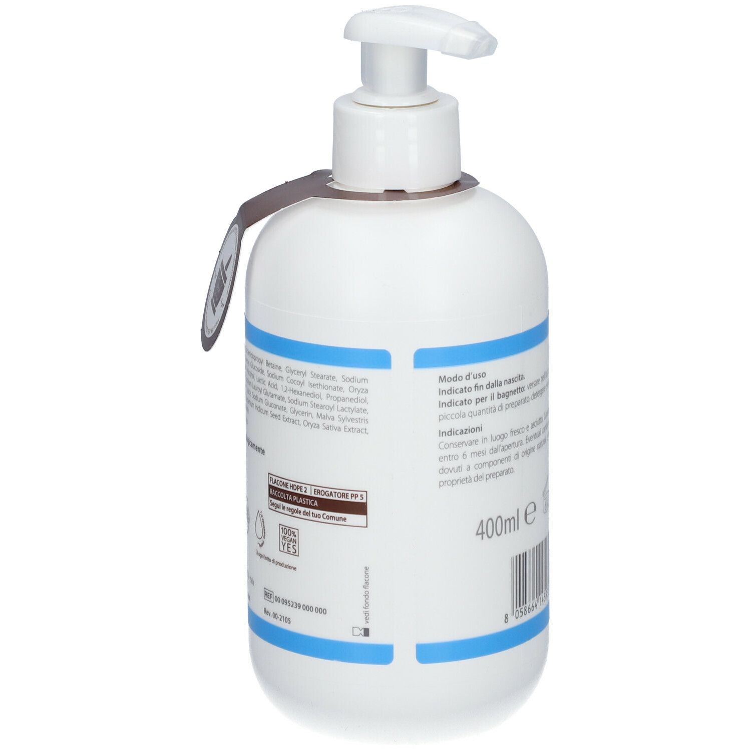 Retro di un flacone bianco con dosatore a pompa ed etichetta. Scritta "crema BAGNO". 400ml.