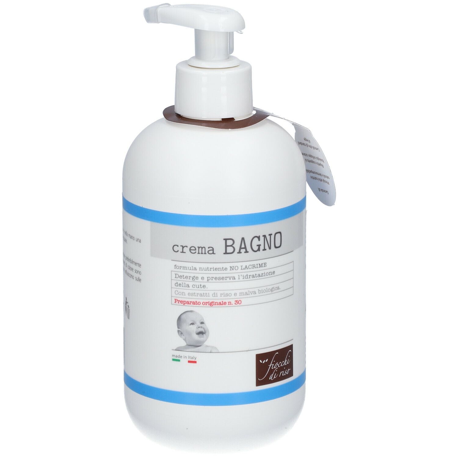 Flacone bianco con dosatore a pompa ed etichetta. Scritta "crema BAGNO". Logo "Fiocchi di Riso".