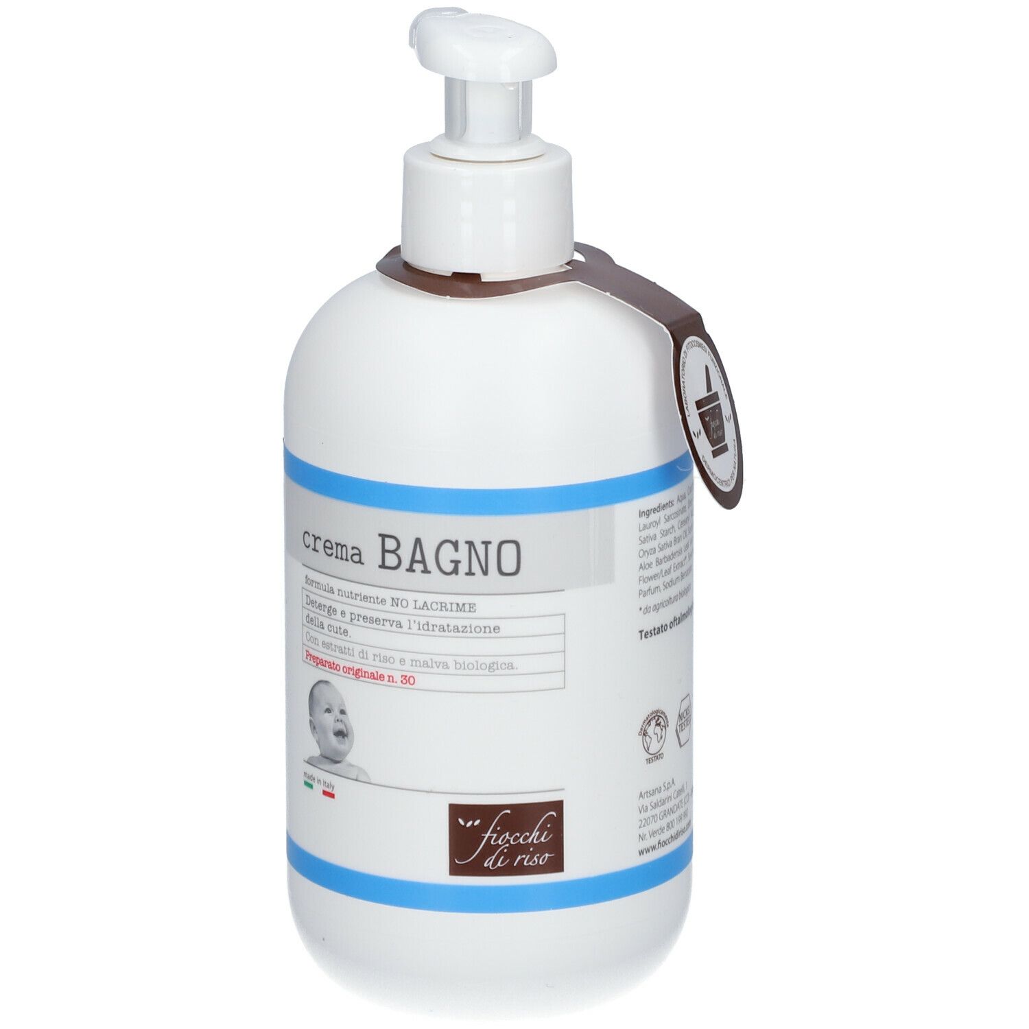 Flacone bianco con dosatore a pompa ed etichetta. Scritta "crema BAGNO". Logo "Fiocchi di Riso".