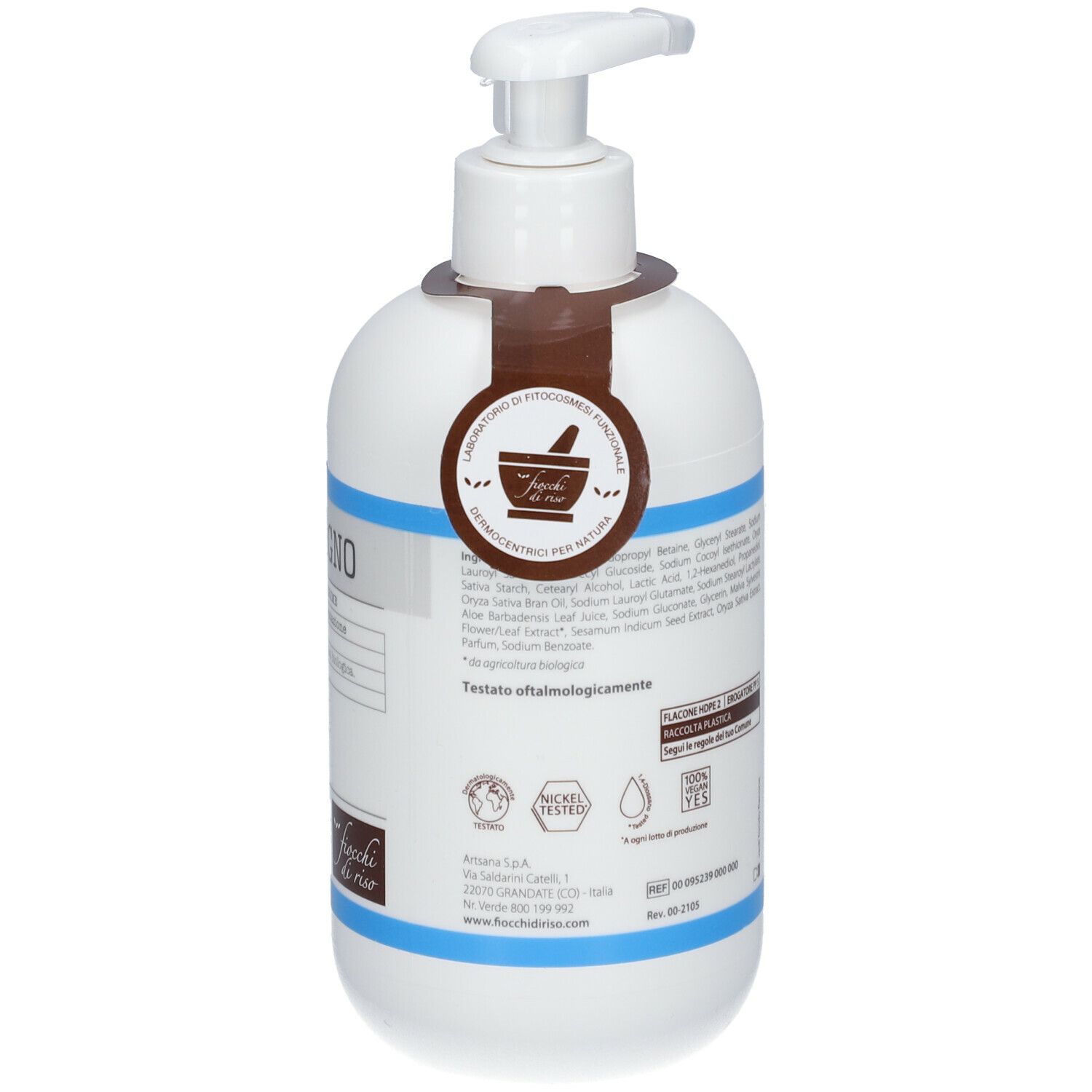 Retro di un flacone bianco con dosatore a pompa ed etichetta. Scritta "crema BAGNO". Logo "Fiocchi di Riso".