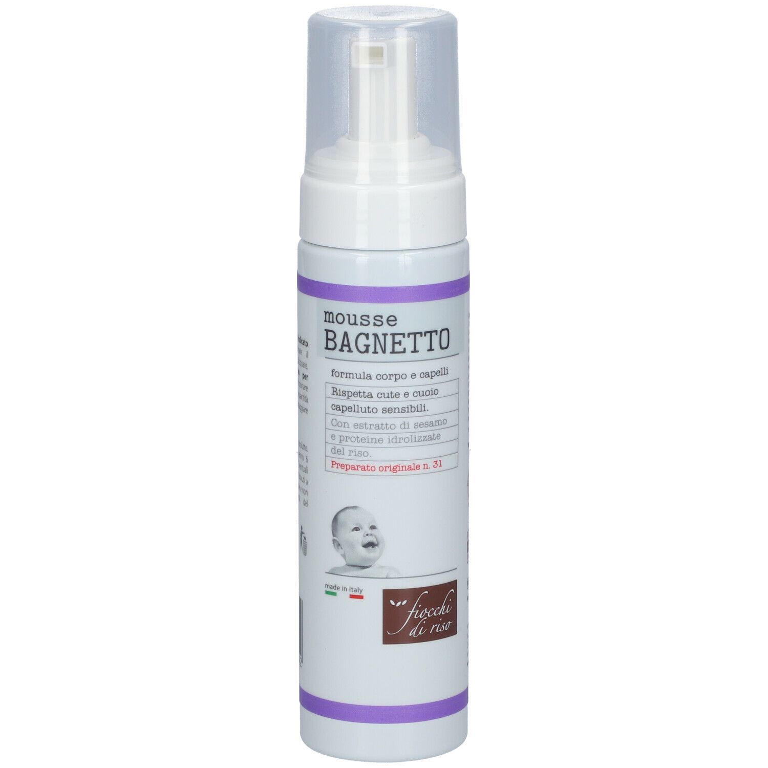 Flacone bianco con dosatore. Scritta MOUSSE BAGNETTO. Logo Fiocchi di Riso. Immagine di un bambino.