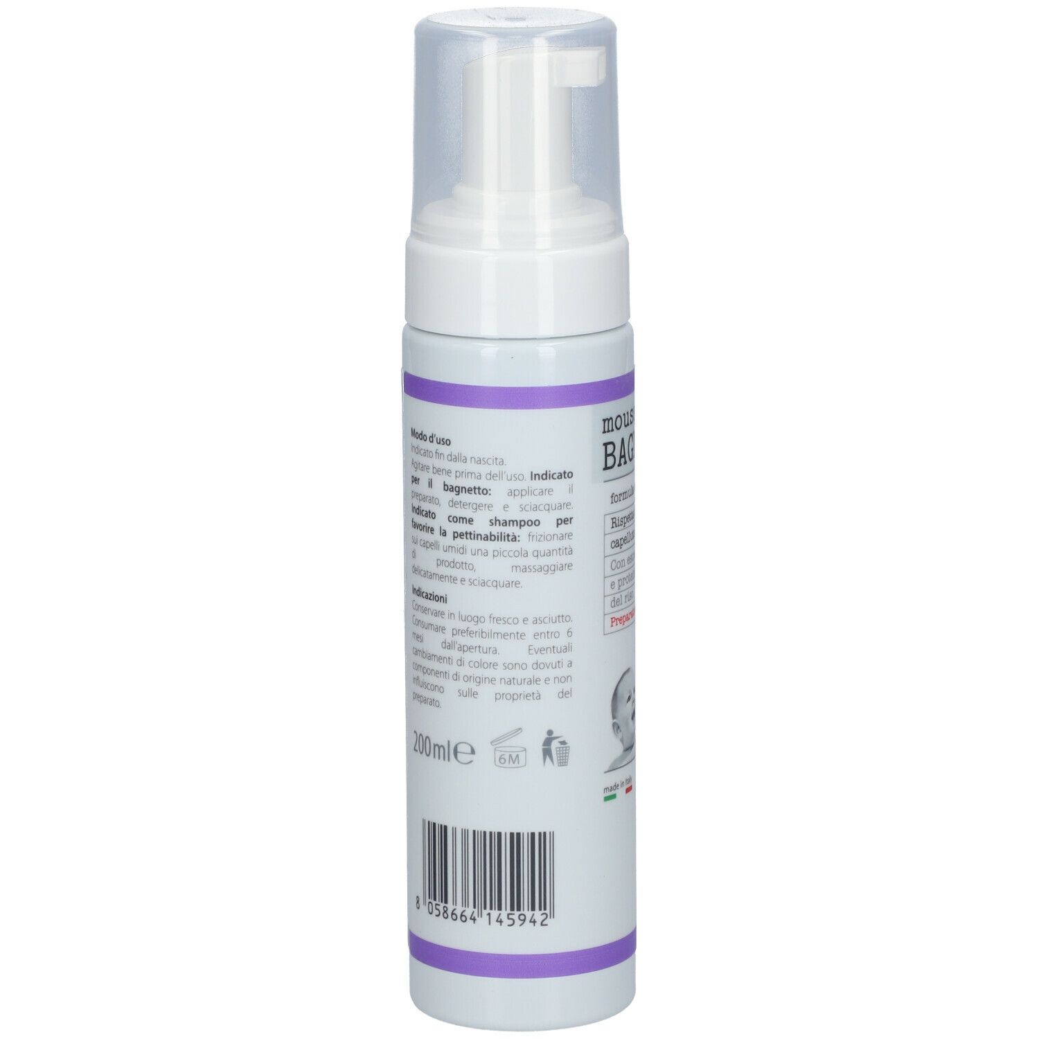 Retro di un flacone bianco con dosatore. Scritta MOUSSE BAGNETTO. Testo e codice a barre.