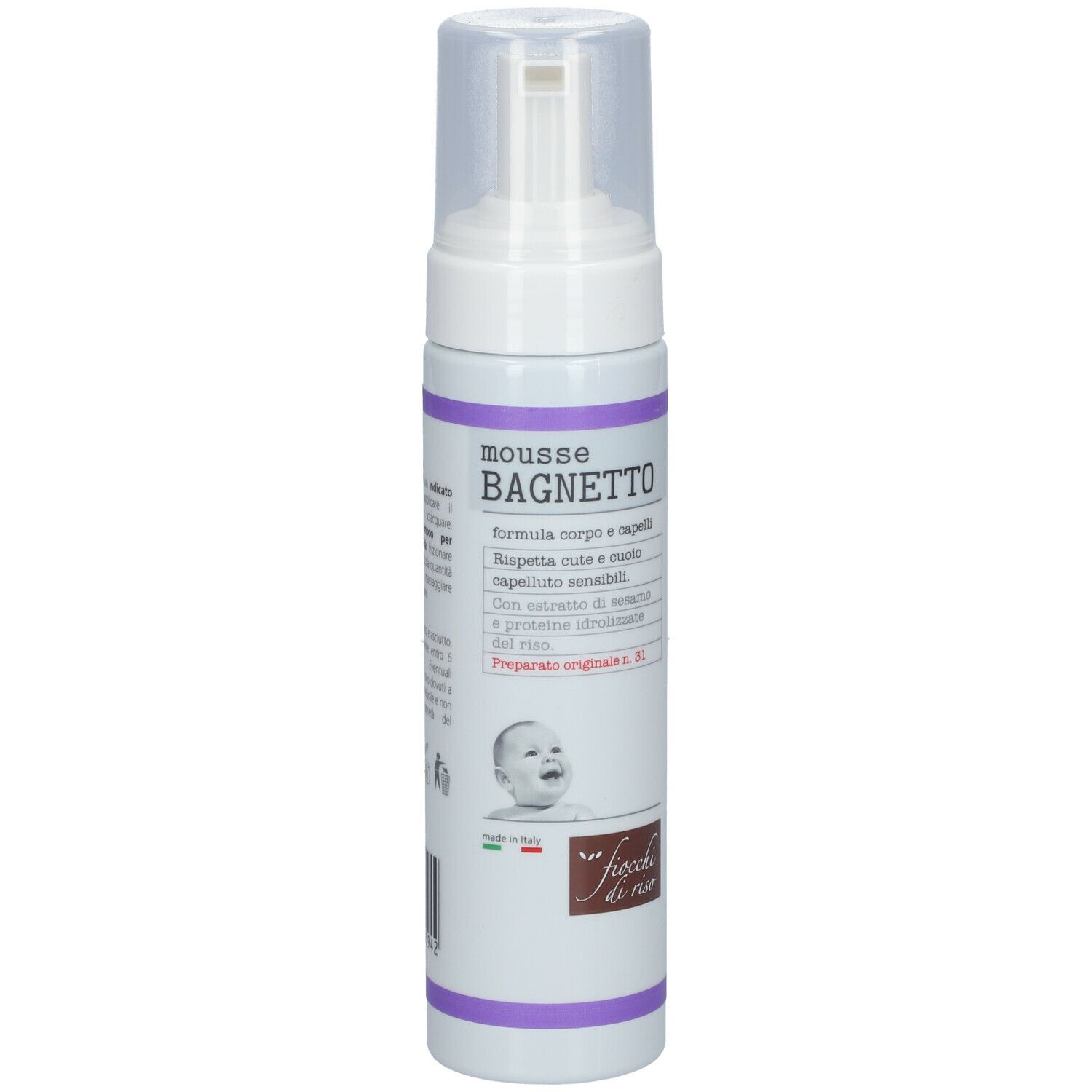 Flacone bianco con dosatore. Scritta MOUSSE BAGNETTO. Logo Fiocchi di Riso. Immagine di un bambino.