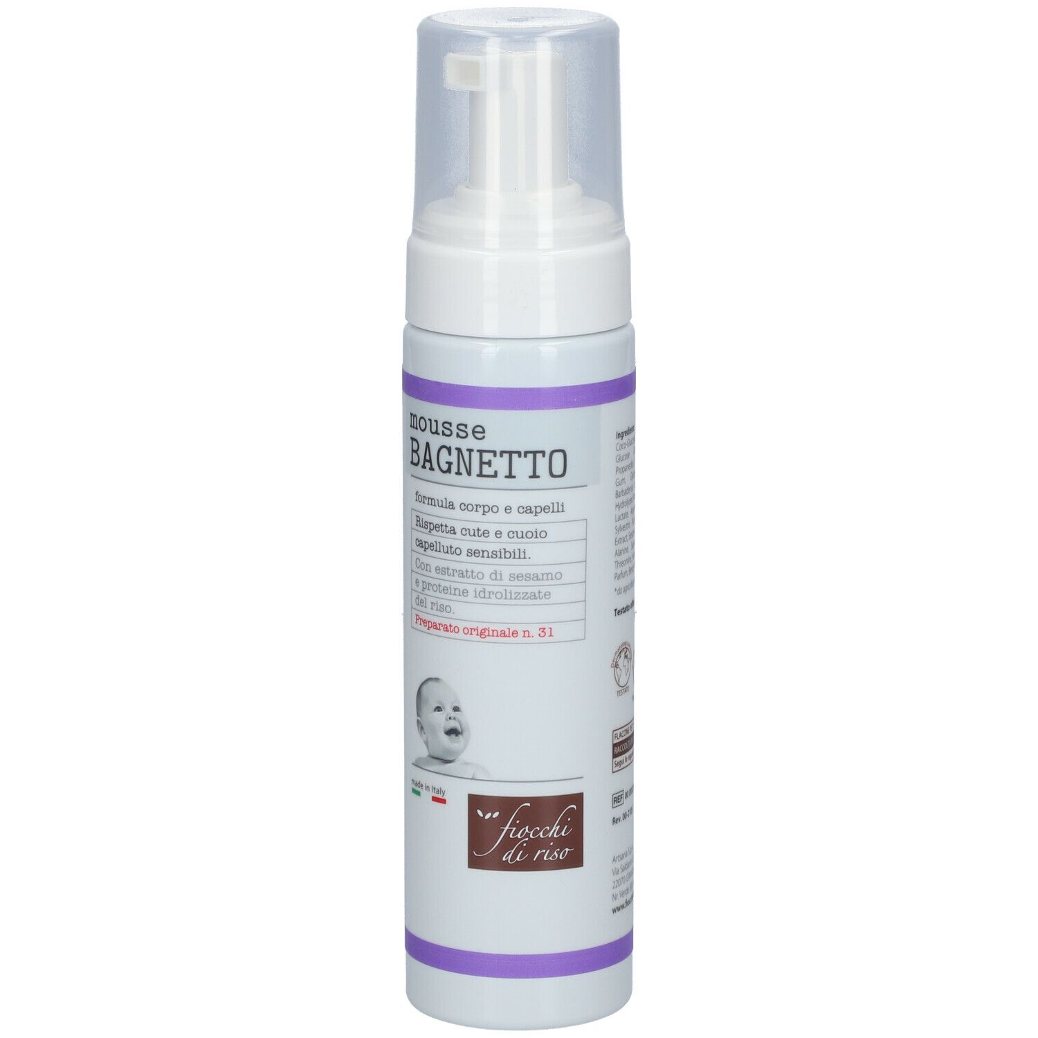 Flacone bianco con dosatore. Scritta MOUSSE BAGNETTO. Logo Fiocchi di Riso. Immagine di un bambino.