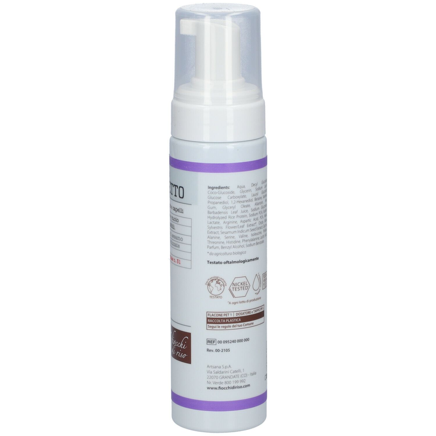 Retro di un flacone bianco con dosatore. Scritta MOUSSE BAGNETTO. Testo e codice a barre.