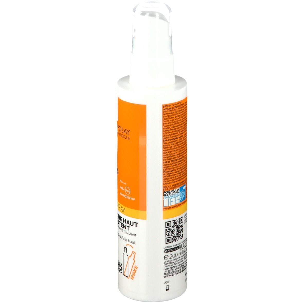 Flacone spray bianco con etichetta arancione. Testo sul retro. Codice QR ed E200ml. Prodotto in Francia.