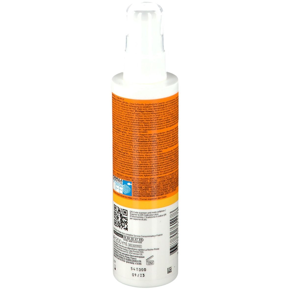 Flacone spray bianco con etichetta arancione. Testo sul retro. Codice QR ed E200ml. Prodotto in Francia.