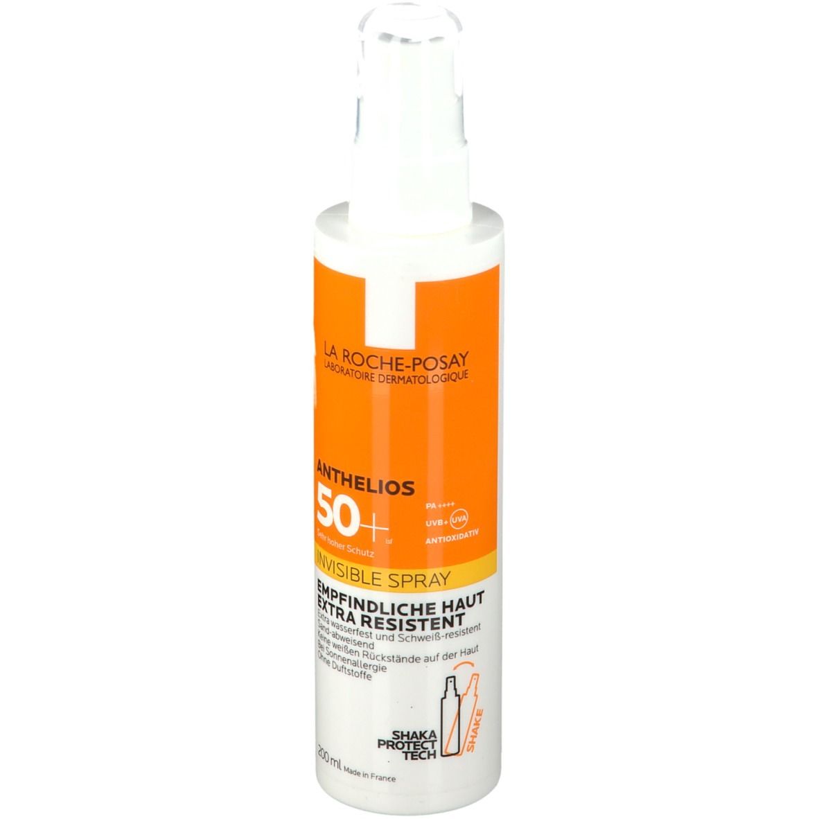 Flacone spray bianco-arancione. Scritta: La Roche-Posay Anthelios 50+ Invisible Spray. Extra resistente. 200ml.