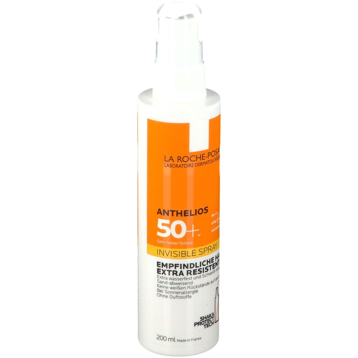 Flacone spray bianco-arancione. Scritta: La Roche-Posay Anthelios 50+ Invisible Spray. Extra resistente. 200ml.
