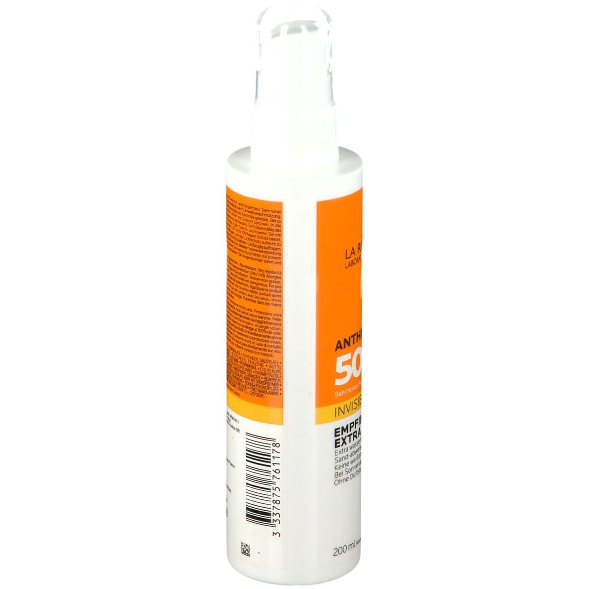 Flacone spray bianco con etichetta arancione. Testo sul retro. Codice QR ed E200ml. Prodotto in Francia.