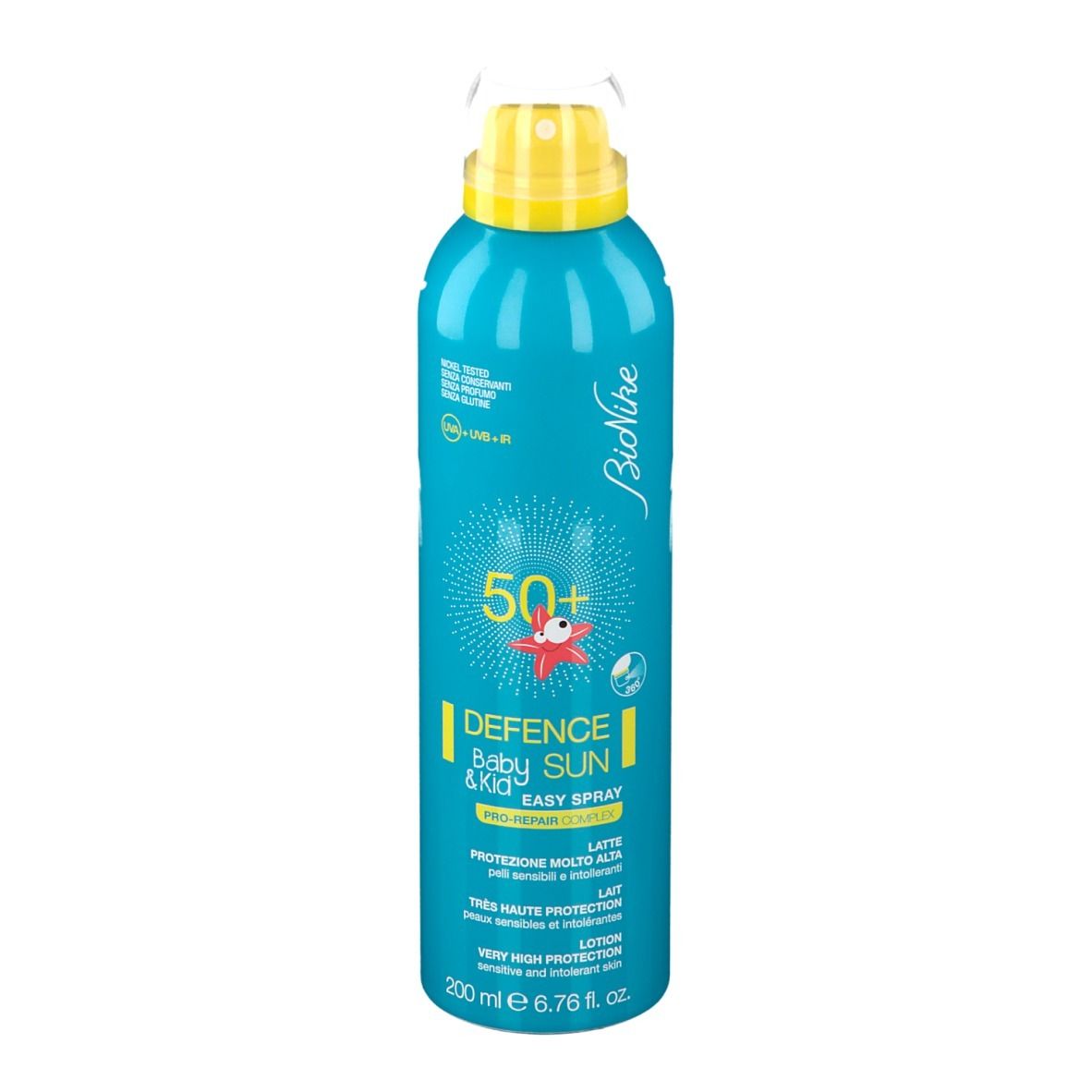 Flacon spray bleu turquoise avec tête jaune. Inscription : Defence Sun Baby & Kid, SPF 50+. Marque : BioNike.
