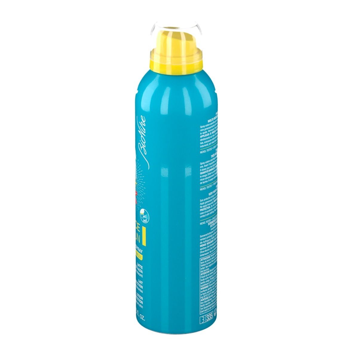 Flacon spray bleu turquoise, vue latérale. Tête de pulvérisation jaune. Inscription : BioNike. Texte multilingue.