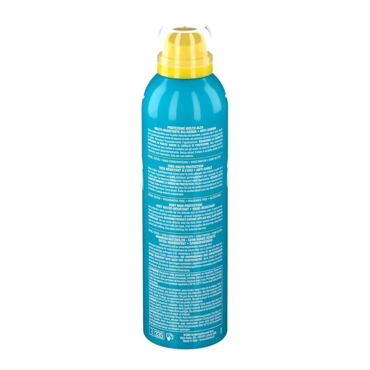 Dos du flacon spray turquoise. Tête de pulvérisation jaune. Texte multilingue. Marque : BioNike.