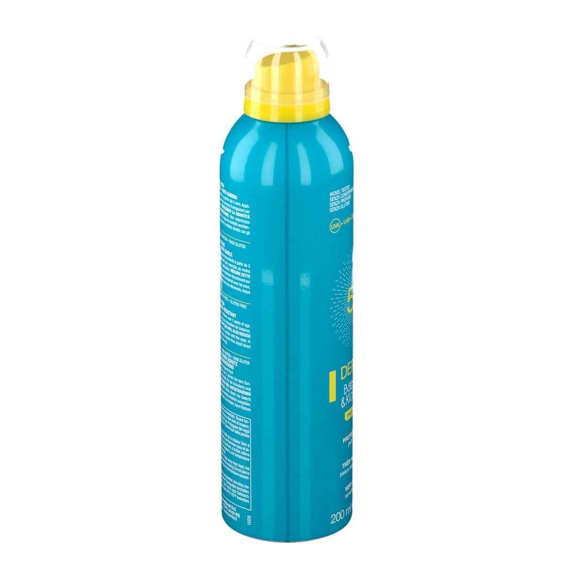 Flacon spray bleu turquoise, vue latérale. Tête de pulvérisation jaune. Inscription : BioNike. Texte multilingue.