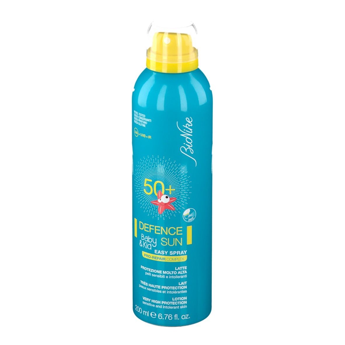 Flacon spray bleu turquoise avec tête jaune. Inscription : Defence Sun Baby & Kid, SPF 50+. Marque : BioNike.