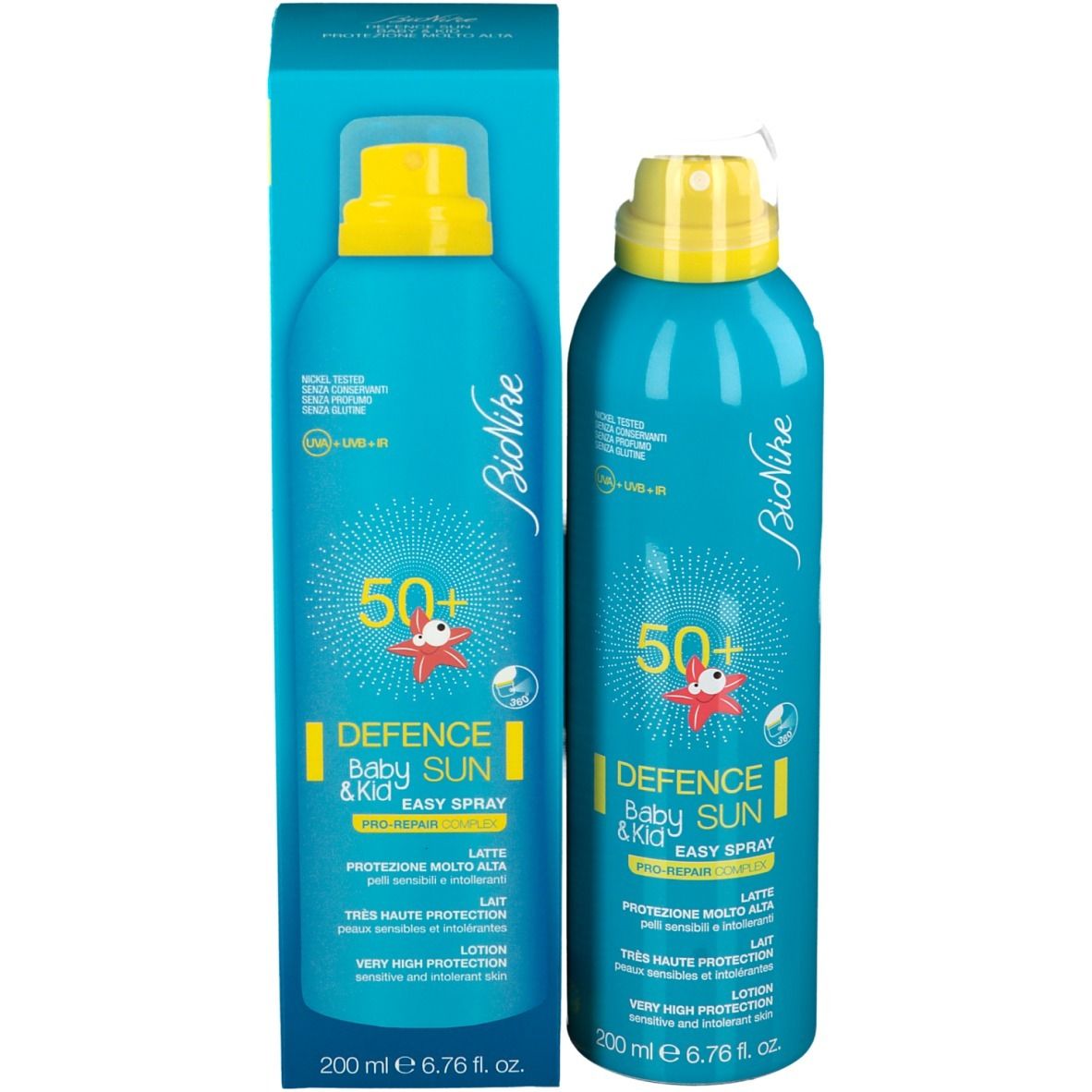 Emballage produit avec flacon spray. Bleu turquoise, tête jaune. Inscription : Defence Sun Baby & Kid, SPF 50+. Marque : BioNike.