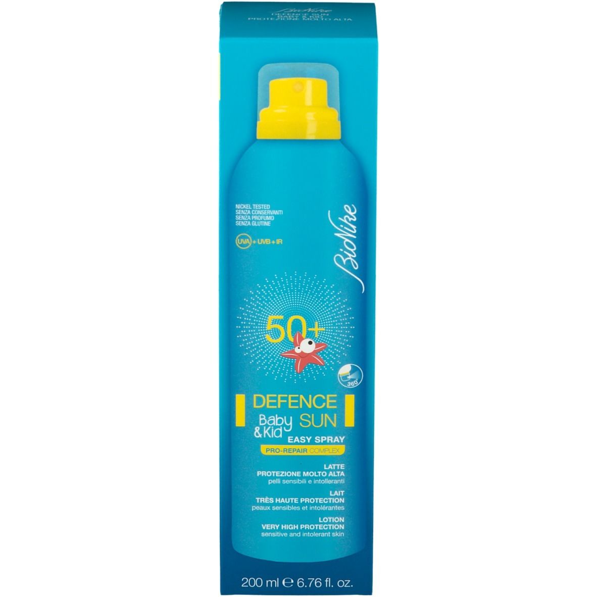 Emballage produit avec flacon spray. Bleu turquoise, tête jaune. Inscription : Defence Sun Baby & Kid, SPF 50+. Marque : BioNike.