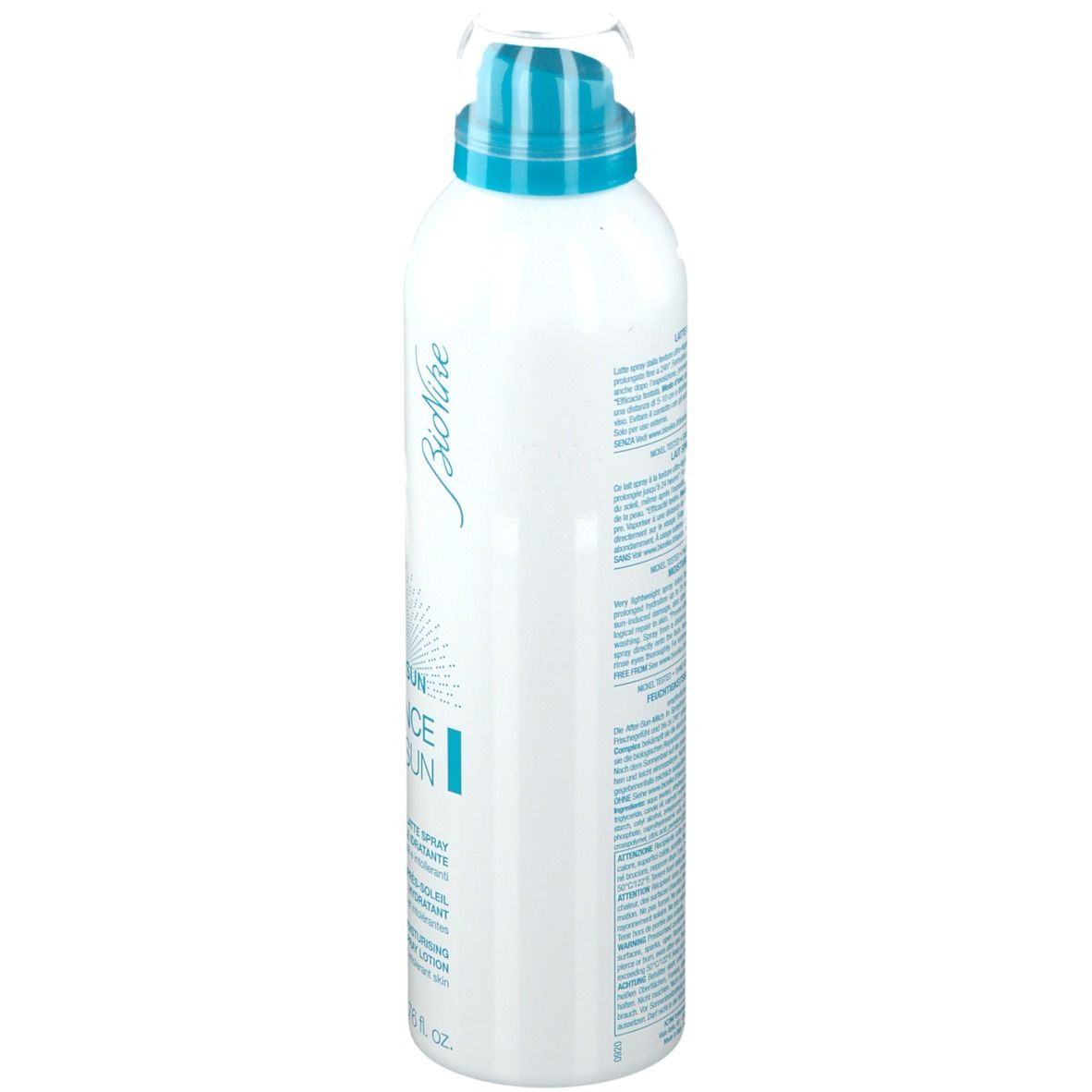 Spray bianco con erogatore blu. Scritta: After Sun Defence Sun, Latte Spray. Testo sul retro.
