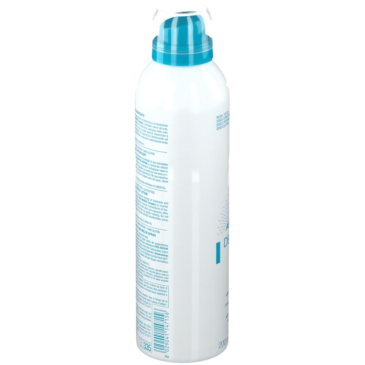 Spray bianco con erogatore blu. Testo sul retro. Scritta: After Sun Defence Sun, Latte Spray.