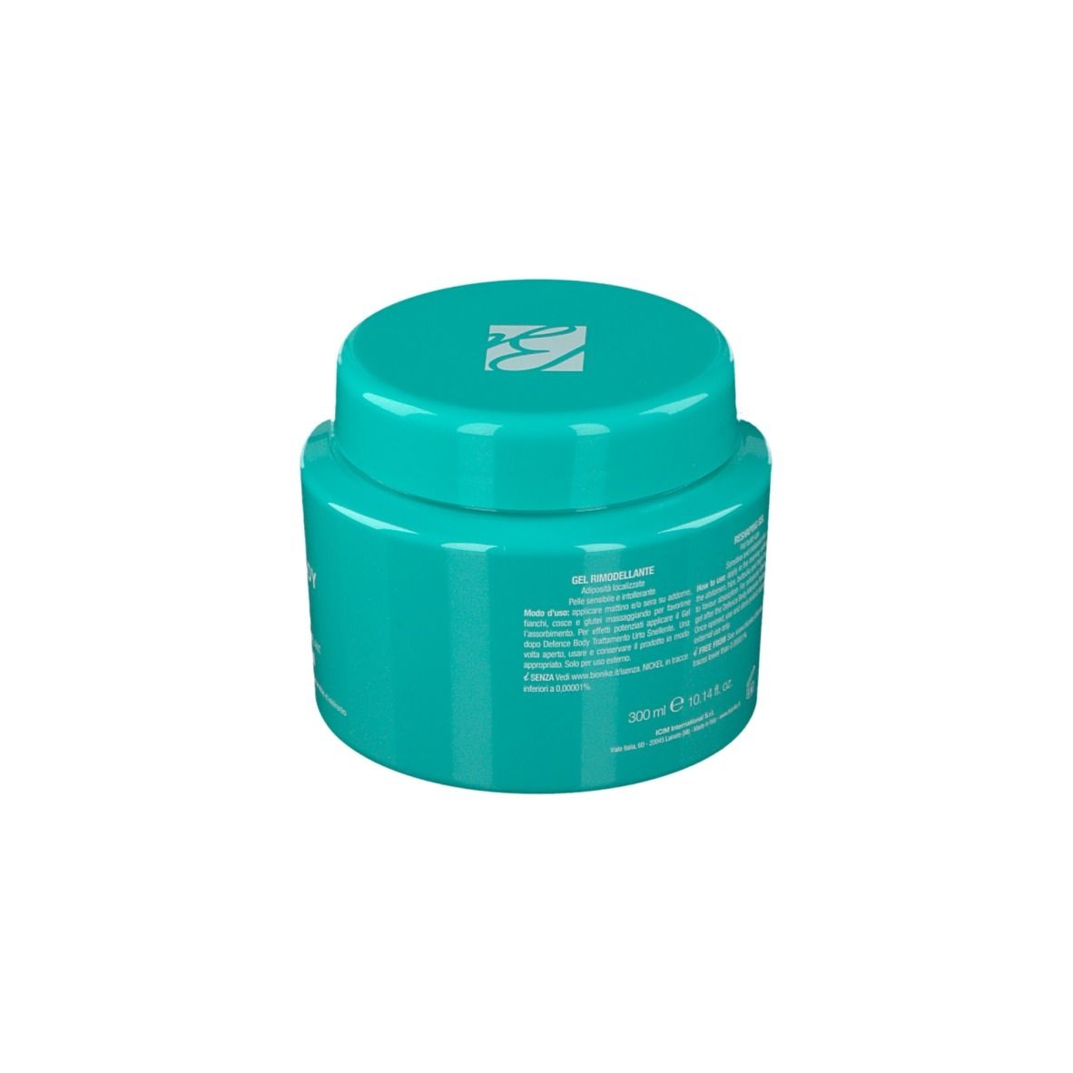 Vasetto turchese con coperchio. Scritta: Defence Body ReduxCELL. Gel per pelli sensibili.