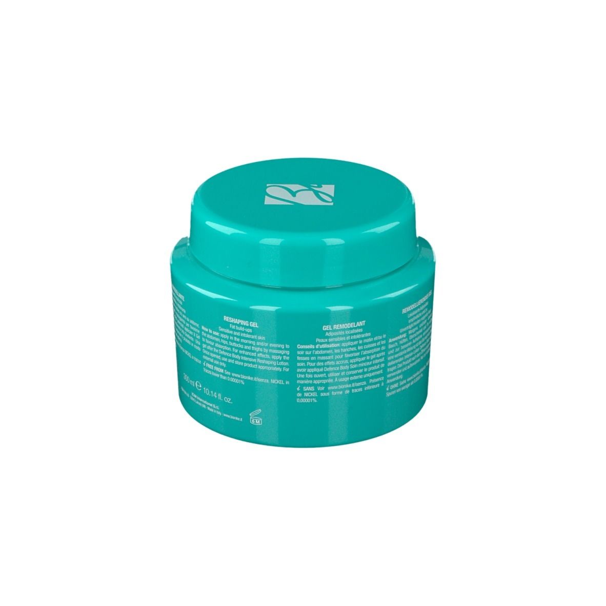 Vasetto turchese con coperchio. Scritta: Defence Body ReduxCELL. Gel per pelli sensibili.