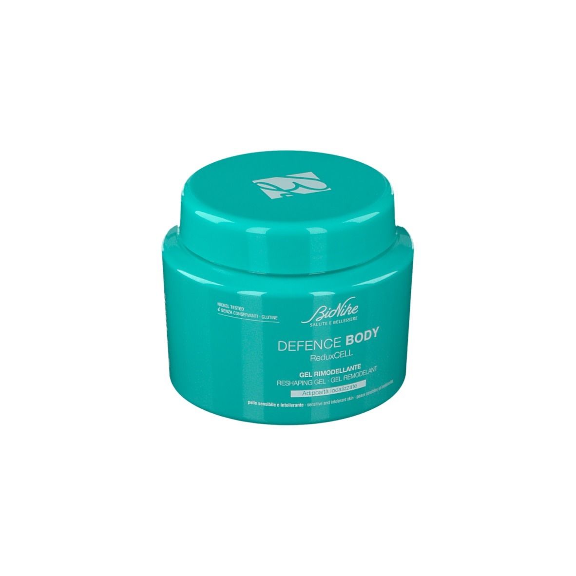 Vasetto turchese con coperchio. Scritta: Defence Body ReduxCELL. Gel per pelli sensibili.