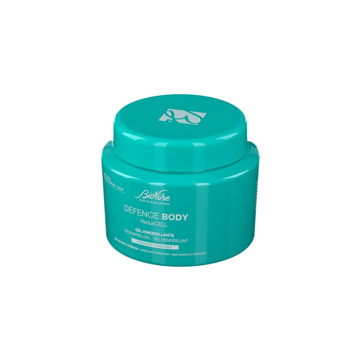 Vasetto turchese con coperchio. Scritta: Defence Body ReduxCELL. Gel per pelli sensibili.