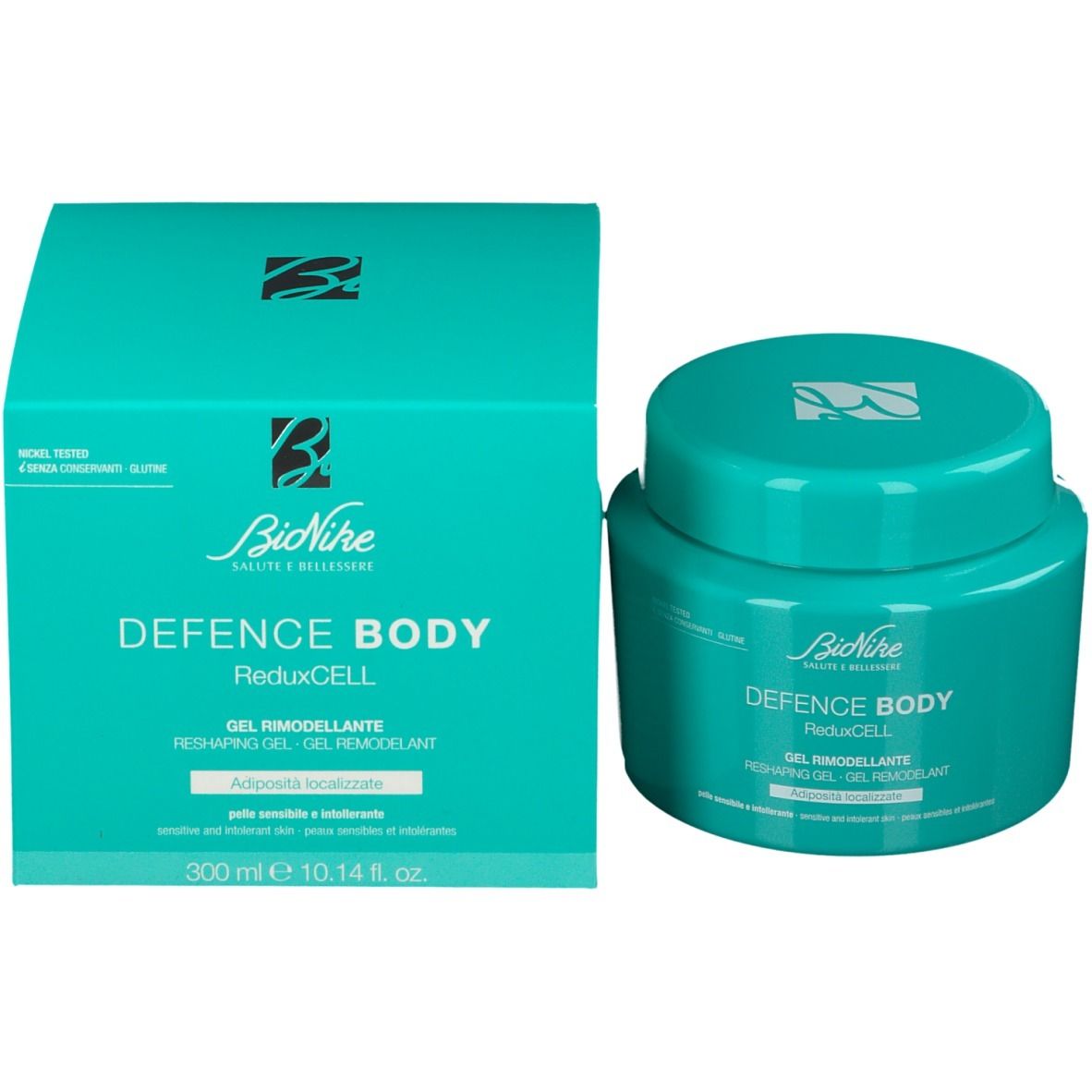 Vasetto e confezione turchesi. Scritta: Defence Body ReduxCELL. Gel per pelli sensibili.