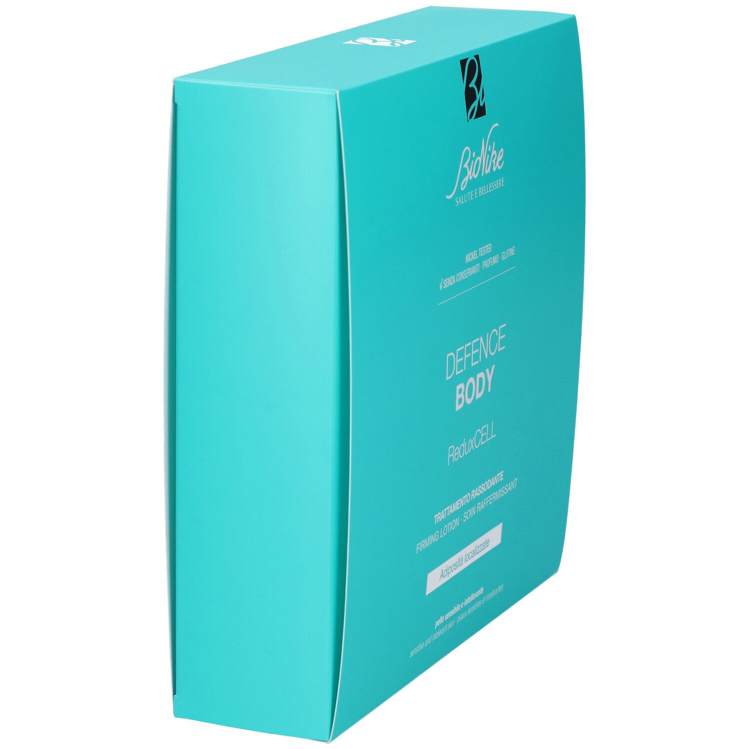 Türkisfarbene Verpackung, schräg gestellt. Marke BioNike. Produktname DEFENCE BODY, ReduxCELL. Text: Nickel Tested, senza conservanti, profumo, glutine.