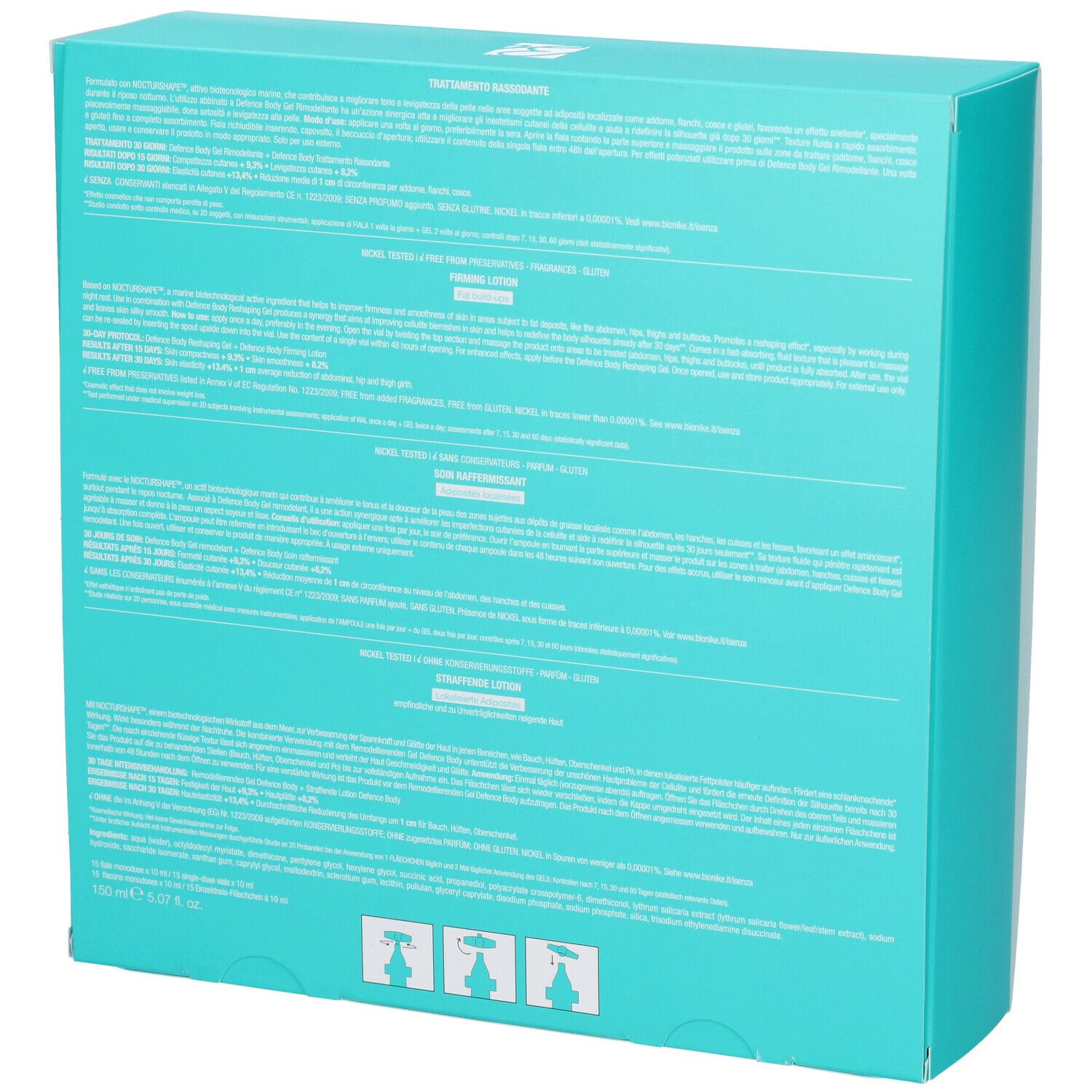 Rückseite der türkisfarbenen Verpackung. Text in mehreren Sprachen. Marke BioNike. Produktname DEFENCE BODY. Text: Nickel Tested, senza conservanti, profumo, glutine.