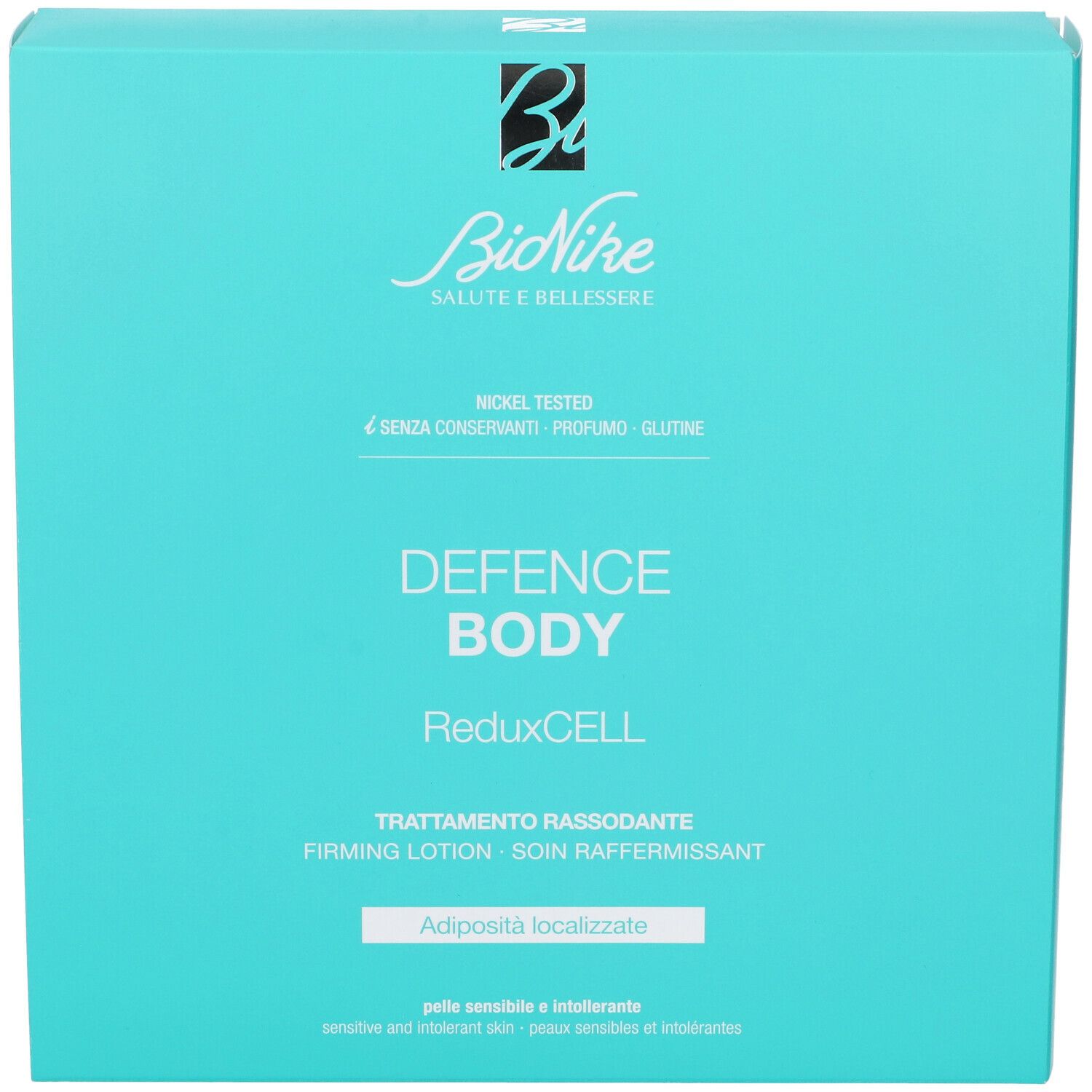 Türkisfarbene Verpackung mit Produktnamen DEFENCE BODY und ReduxCELL. Marke BioNike. Text: Nickel Tested, senza conservanti, profumo, glutine.