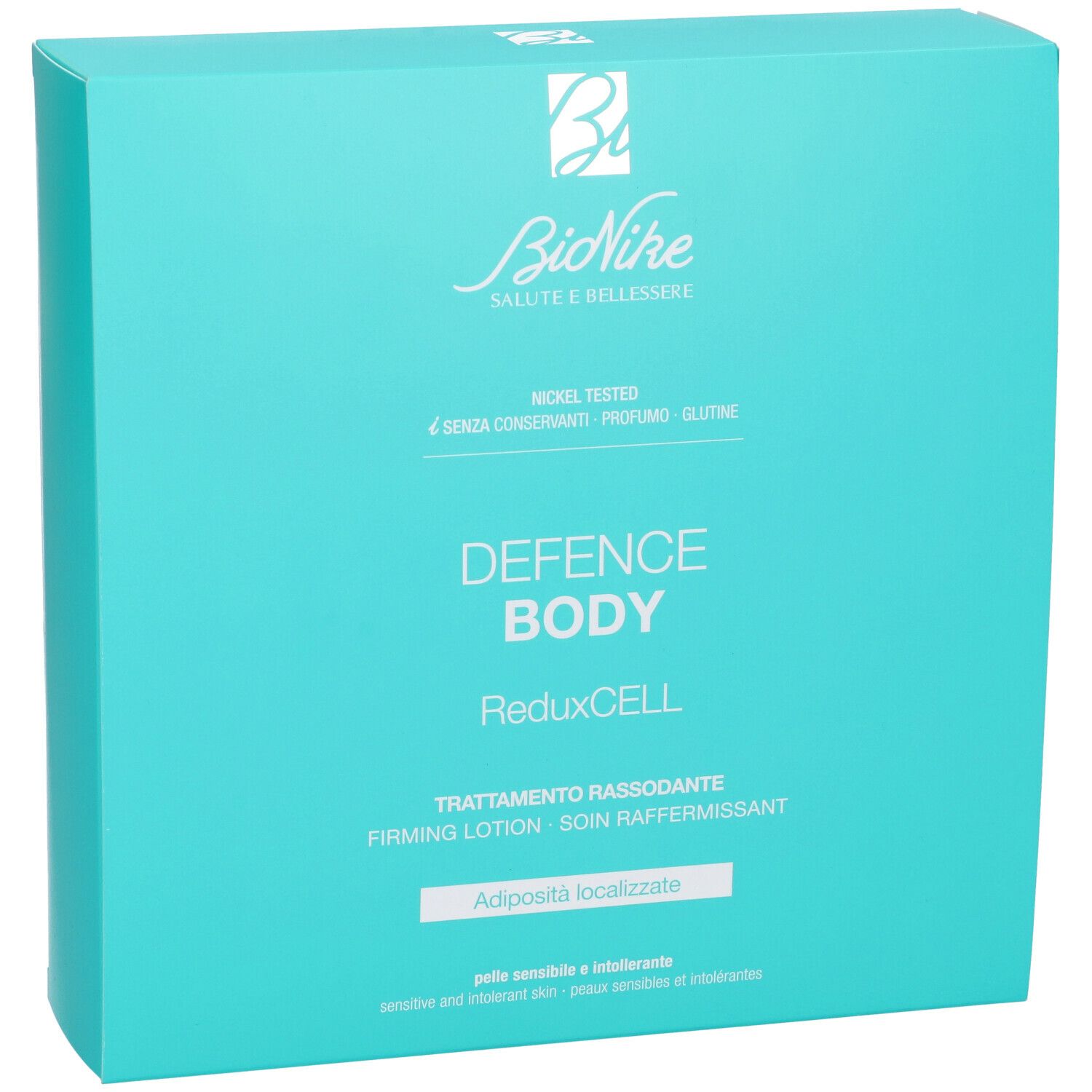 Türkisfarbene Verpackung mit Produktnamen DEFENCE BODY und ReduxCELL. Marke BioNike. Text: Nickel Tested, senza conservanti, profumo, glutine.