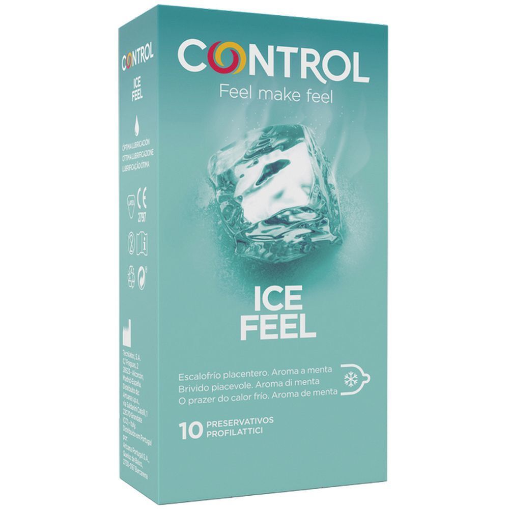Confezione di Control Ice Feel. Scritta: CONTROL, ICE FEEL, 10 profilattici. Immagine di un cubetto di ghiaccio.