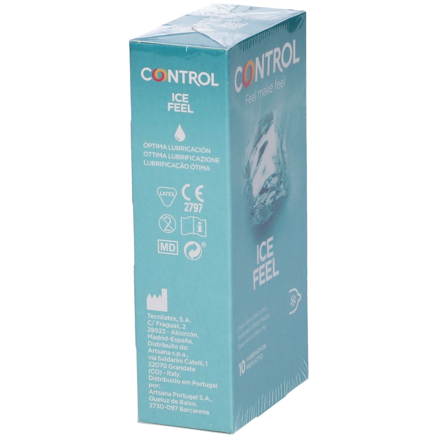 Retro della confezione Control Ice Feel. Scritta: CONTROL, ICE FEEL, informazioni e loghi.