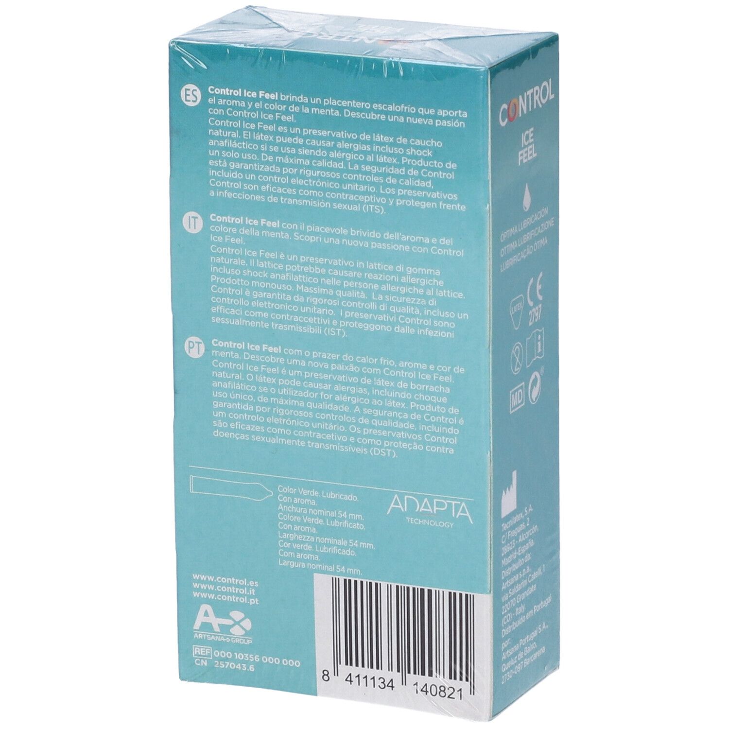 Lato della confezione Control Ice Feel. Scritta: CONTROL, ICE FEEL, descrizione del prodotto in più lingue.