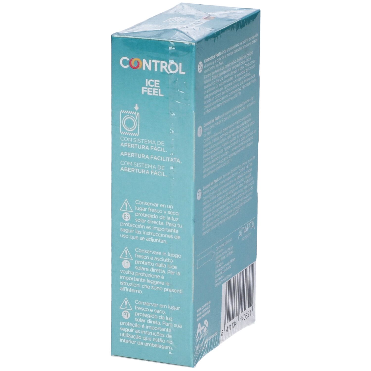 Lato della confezione Control Ice Feel. Scritta: CONTROL, ICE FEEL, avvertenze e loghi.