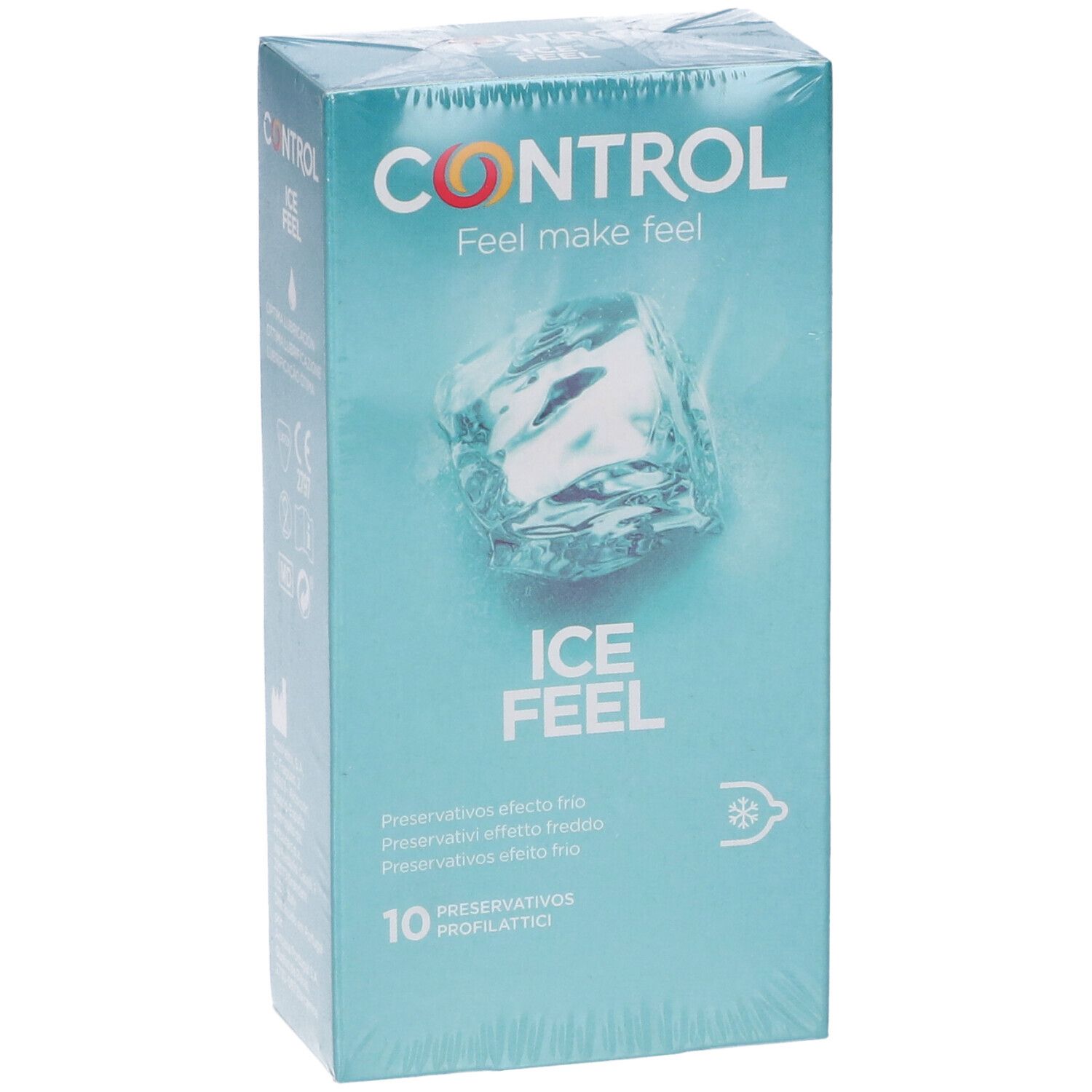 Confezione di Control Ice Feel. Scritta: CONTROL, ICE FEEL, 10 profilattici. Immagine di un cubetto di ghiaccio.