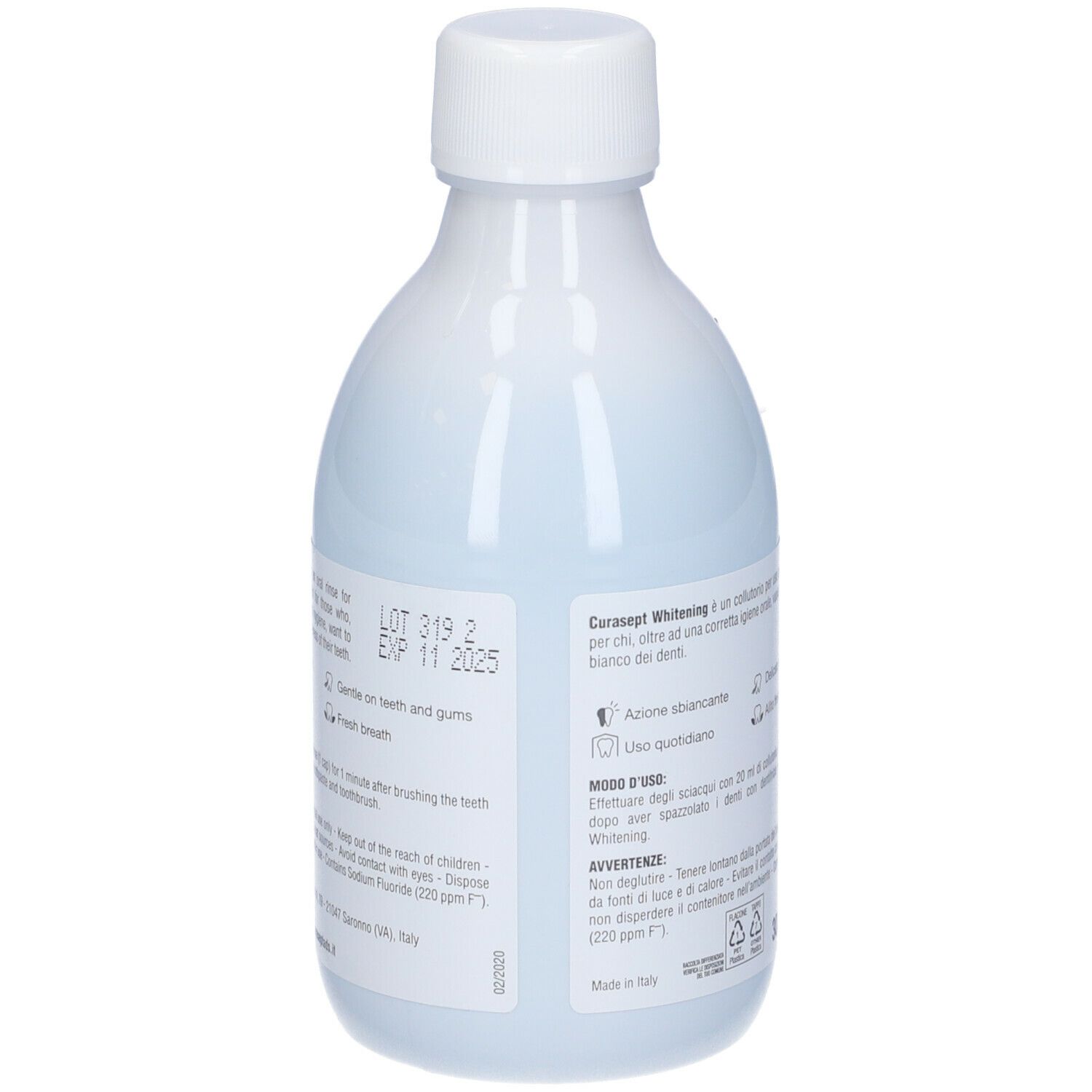 Flasche mit weißem Mundwasser, enthält 200 ppm Fluorid.