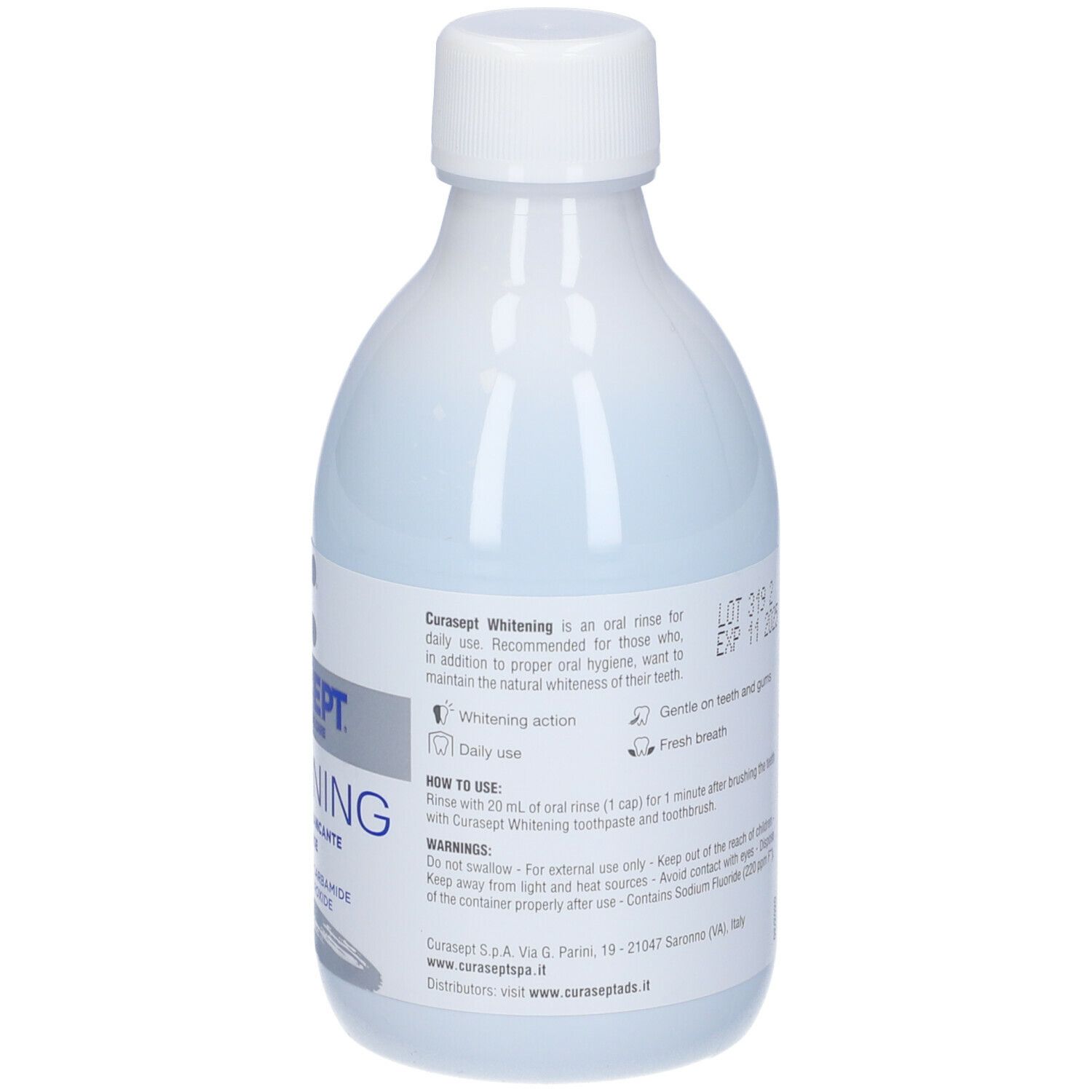Flasche mit weißem Mundwasser, Etikett mit Produktinformationen und Anwendungshinweisen.