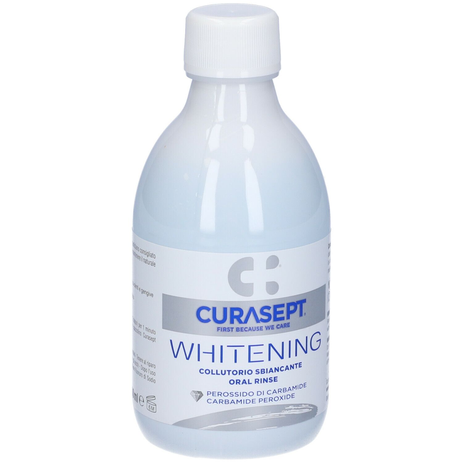 Curasept Whitening Mundspülung mit Carbamidperoxid in einer weißen Flasche.
