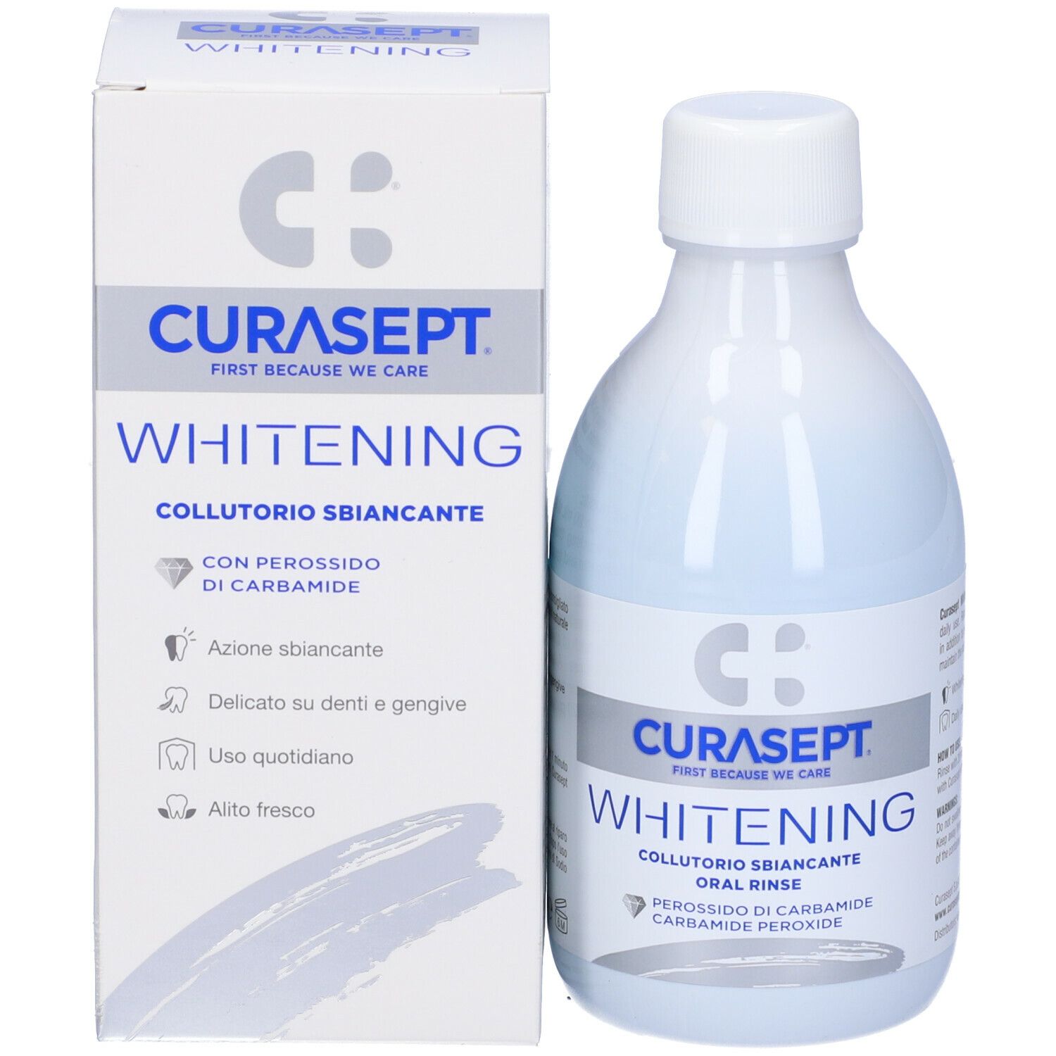 Curasept Whitening Mundspülung mit Carbamidperoxid in einer Flasche und Faltschachtel.