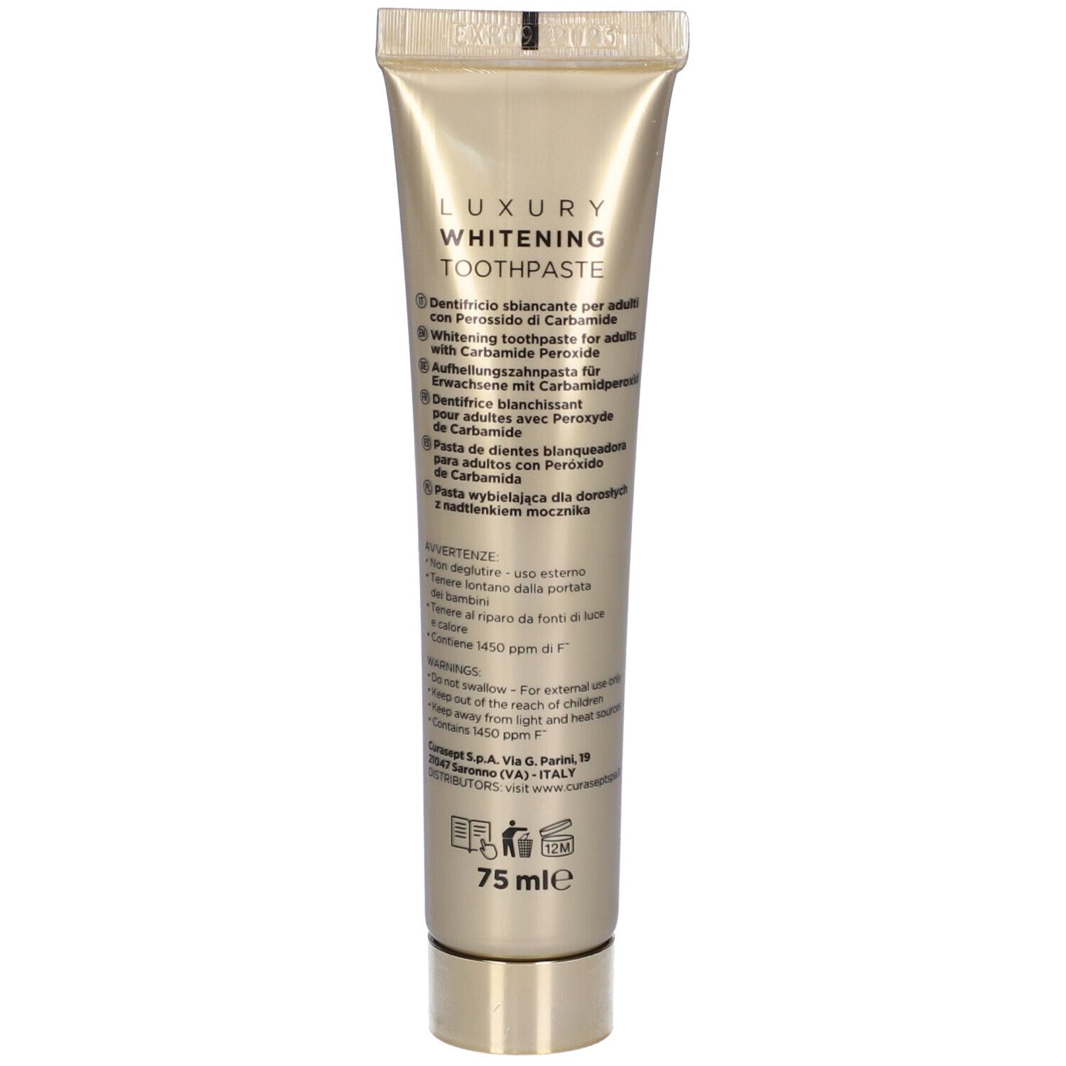 Retro di un tubetto di dentifricio dorato. Informazioni multilingue sul prodotto. Volume: 75 ml.