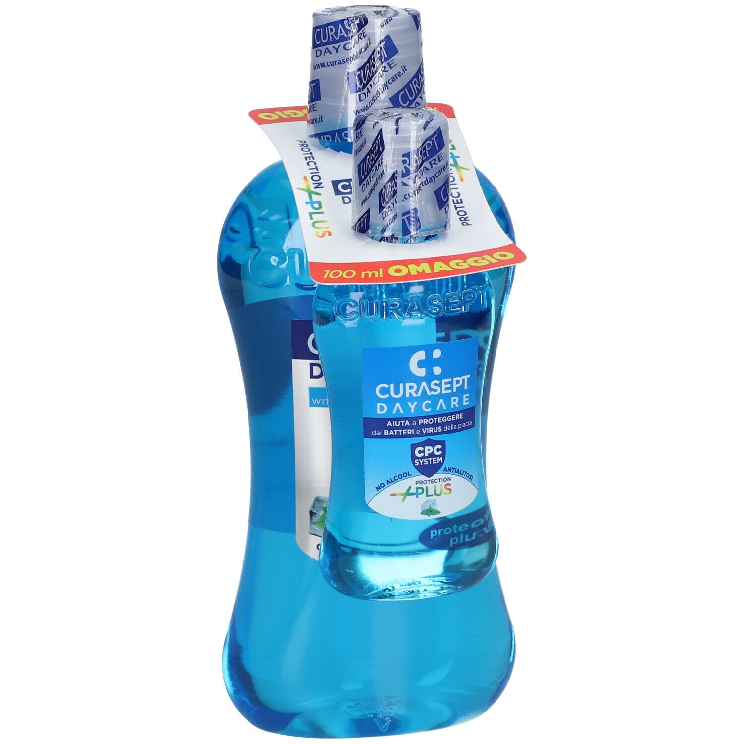 Flacone blu di collutorio con flacone più piccolo ed etichetta. Scritta: CURASEPT DAYCARE, 100 ml OMAGGIO.