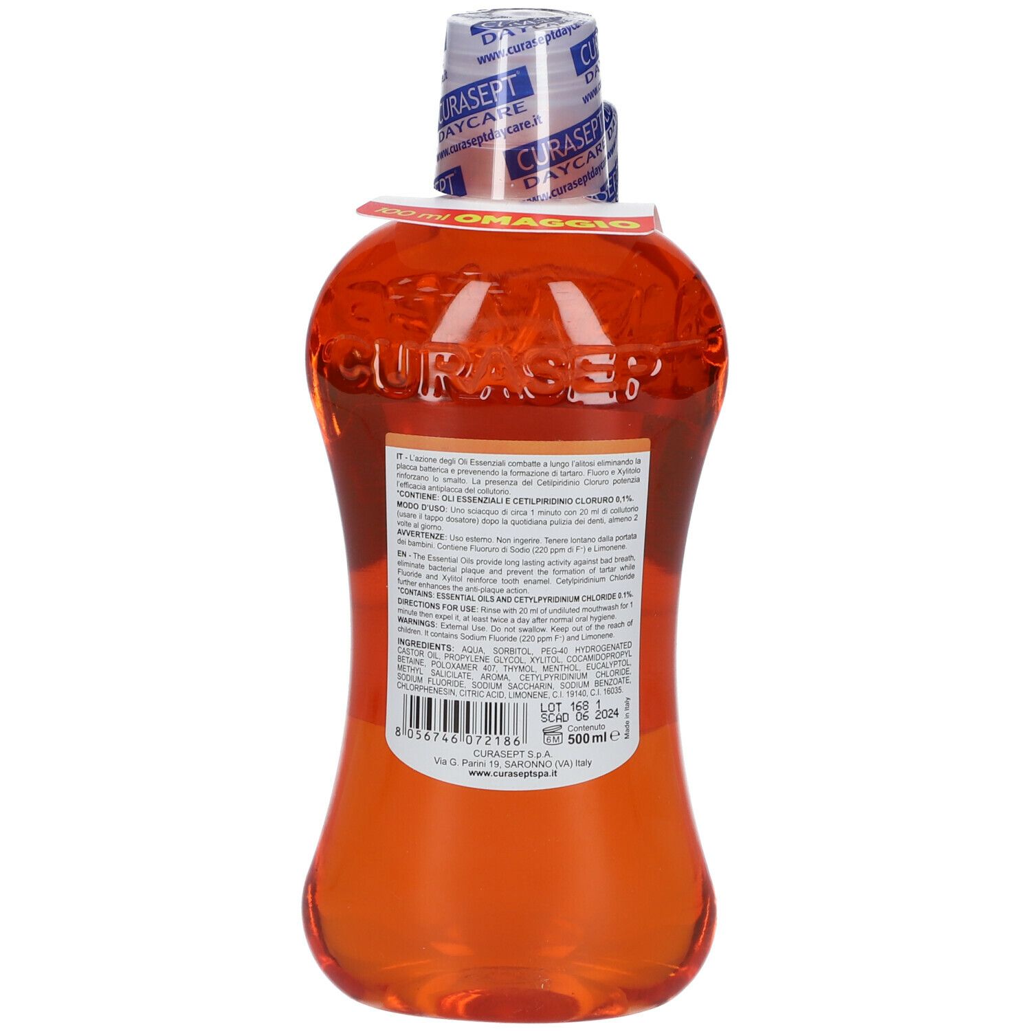 Retro di una bottiglia arancione con testo. Mostra "CURASEPT" e informazioni sul prodotto. Contiene un elenco degli ingredienti.