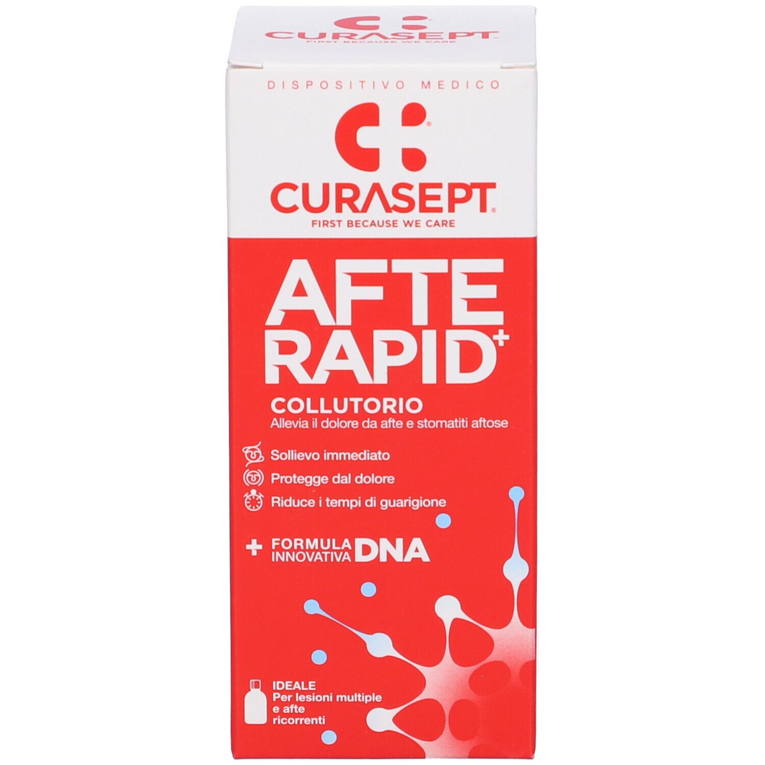 Confezione rossa con testo bianco. Sulla confezione è scritto "Curasept Afte Rapid Collutorio".