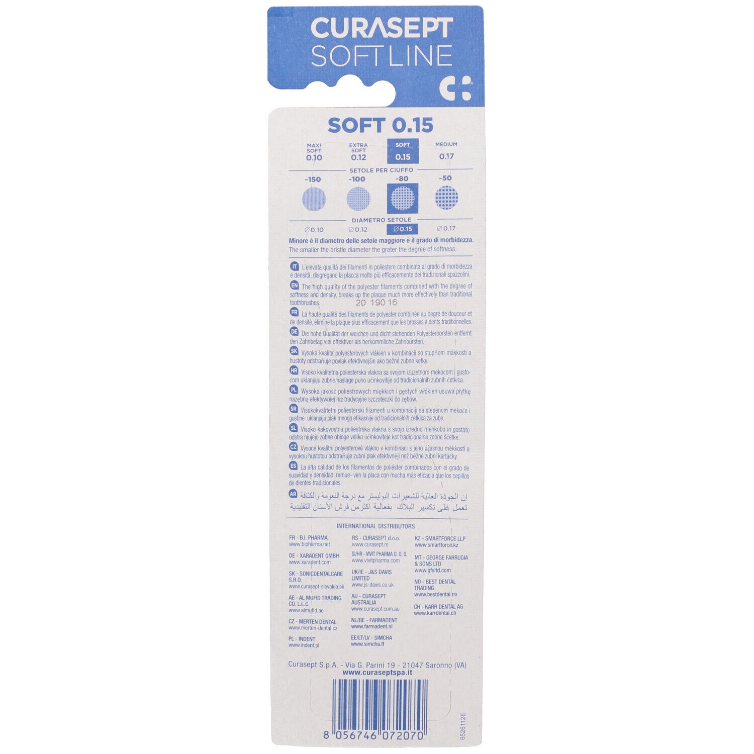 Verpackung für Curasept Softline 0.15 Zahnbürstenköpfe mit verschiedenen Härtegraden.