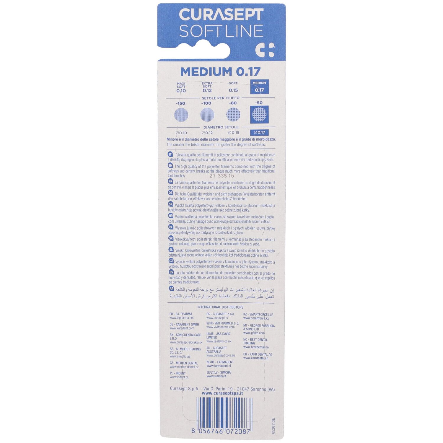 Rückseite der Blisterverpackung. Text in mehreren Sprachen. "CURASEPT SOFT LINE" und "MEDIUM 0.17" sind sichtbar.